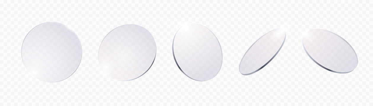 Glass circles. Transparent realistic round lenses with glossy mirror reflection in different angles. Clean glass plates, optical elements. 3D disks vector isolated set.