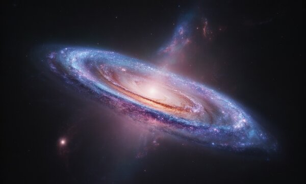 Majestic spiral galaxy with swirling arms of blue and pink, surrounded by dark space