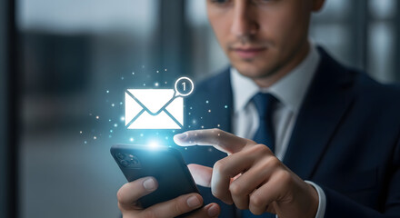 Businessman using smartphone with digital email notification glowing on screen