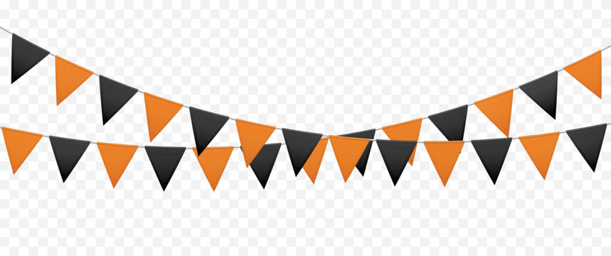 Halloween bunting flags. Festive garland with black and orange paper triangle pennants, autumn spooky carnival decoration. 3D realistic vector isolated mockup for party invitation card.