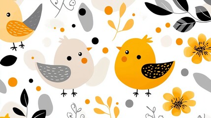 Obraz premium Cartoon birds are illustrated on a white background with yellow flowers, leaves and abstract gray shapes.