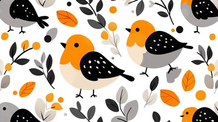 Fototapeta premium Cartoon birds stand among leaves in a seamless pattern on a white background. - high quality Cartoon birds stand among leaves in a seamless pattern on