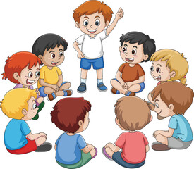 Cartoon children sitting in circle, group activity, classroom interaction, playful learning, leadership, teamwork, happy diverse kids, educational illustration