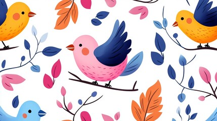 Colorful cartoon birds perch on branches amidst various shaped and colored leaves against a white background.