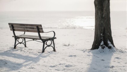 Snowy Beach Scene - Bench and Tree in Winter Landscape.