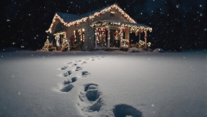 Snowy Christmas Eve - Footprints Leading to a Cozy, Lighted House.