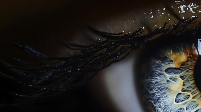 A close-up of a human eye showcases the intricate details of the iris and eyelashes. The iris's vibrant patterns and fine eyelashes create a striking focal point in the composition