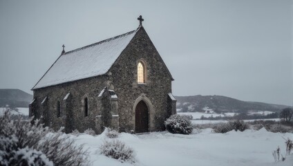 Snowy Chapel in Winter Landscape - A Serene Scene.