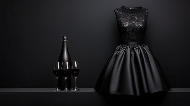 Elegant black dress stands near a wine bottle with two filled glasses on a dark background.