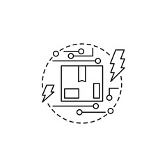 A creative smart bundle icon representing a high-tech delivery system. The black package with circular digital patterns, surrounded by dotted lines and lightning bolts, symbolizes speed, innovation