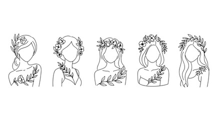 Minimalist line art illustration of five diverse women adorned with delicate floral wreaths and botanical branches, symbolizing nature, beauty, and feminine grace, presented in a clean, elegant, and