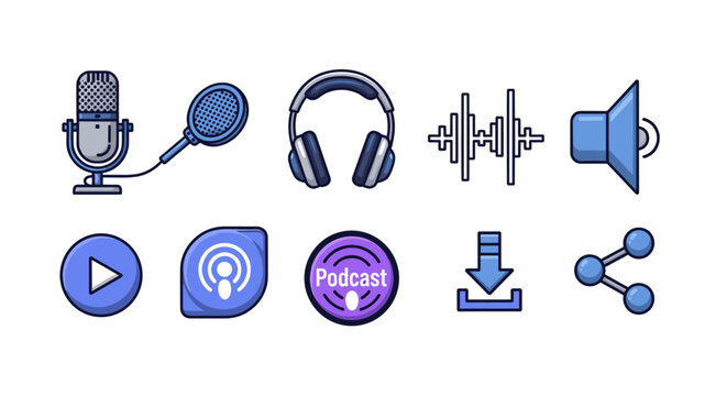 Collection of flat design icons for podcasting and audio recording, including microphones, headphones, sound waves, play button, download, share, and speaker symbols, perfect for digital media and