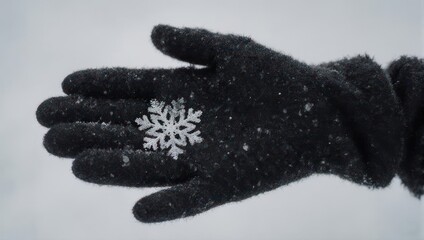 Snowflake on a gloved hand in winter wonderland.