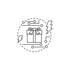 A creative smart bundle icon representing a high-tech delivery system. The black package with circular digital patterns, surrounded by dotted lines and lightning bolts, symbolizes speed, innovation