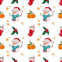 Merry Christmas seamless pattern. Snowman, sock, tangerine. Trendy vector illustration in cartoon groovy style. Hand drawn new year noel pattern