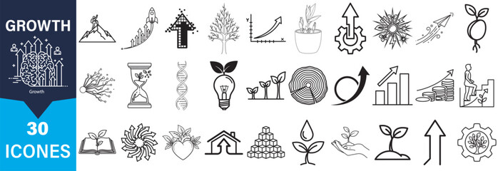 A collection of hand-drawn icons depicting various aspects of growth, presented in a distinctive silhouette style.
