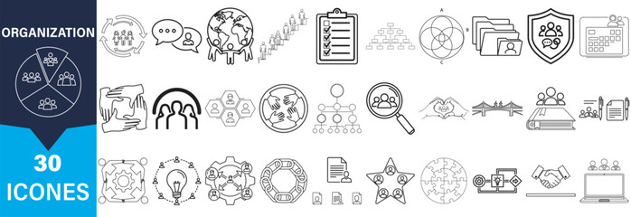 A diverse collection of business and organization icons presented in a distinctive silhouette style.