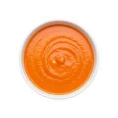 Bowl of delicious tomato soup isolated on transparent background, top view