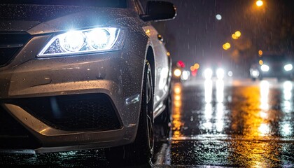 Close-up of a modern car's headlights illuminating a wet city street at night, with reflections of lights on the asphalt
