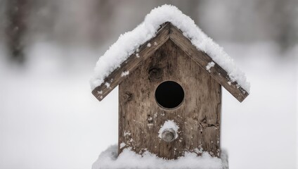 Snow-covered birdhouse in winter wonderland, a cozy shelter for birds.