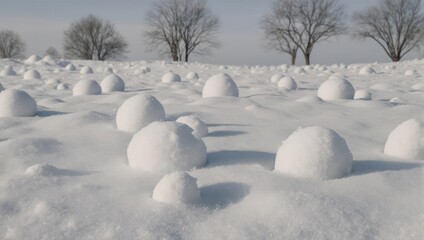Snowy Field with Round Bales and Bare Trees in Winter.