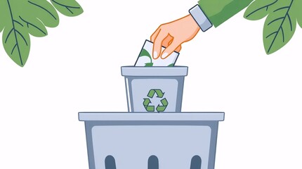 hand placing recyclable item into blue recycling bin promoting waste separation cleanliness and eco awareness message