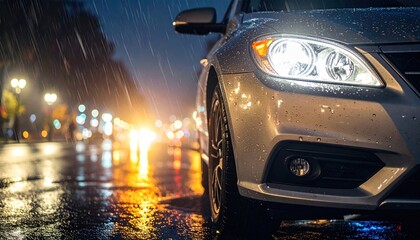 Sleek car navigating a rain-slicked urban street at night, its powerful headlights illuminating the wet road as raindrops cascade, creating a vivid scene of city driving during a downpour