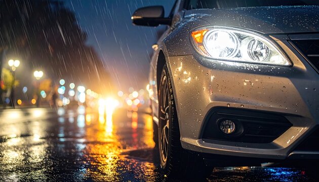 Sleek car navigating a rain-slicked urban street at night, its powerful headlights illuminating the wet road as raindrops cascade, creating a vivid scene of city driving during a downpour - Powered by Adobe