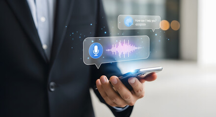 Businessman holding futuristic holographic display projector emerging from smartphone