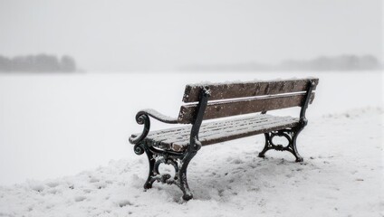 Snow-covered bench in a winter landscape, serene and peaceful.