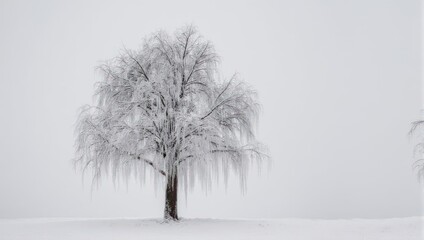 Solitary tree covered in snow on a winter day.