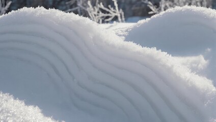 Snow-covered landscape with gentle drifts and frosted branches in the background.