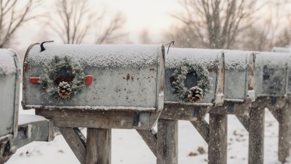 Snow-Covered Mailboxes Decorated with Wreaths in Winter Landscape.