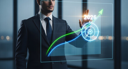 Businessman analyzing digital financial data graphs and charts on futuristic interface screen