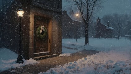 Snowy Entrance - A Cozy Winter Scene with Wreath and Lantern.
