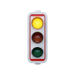 Toy traffic light with yellow light on isolated on transparent background