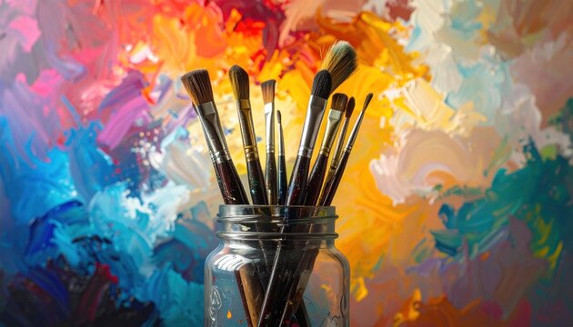 A close-up view of paintbrushes in a jar against a colorful, abstract background - Powered by Adobe