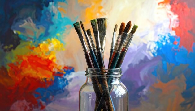 Artistic paintbrushes in a jar against a vibrant, abstract, colorful background, symbolizing creativity and artistic expression