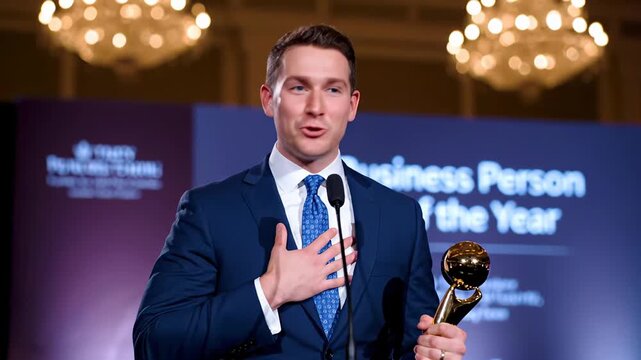Energetic business owner proudly displaying a gleaming trophy while addressing an audience at a prestigious company awards event. He is delivering a speech after being declared the winner
