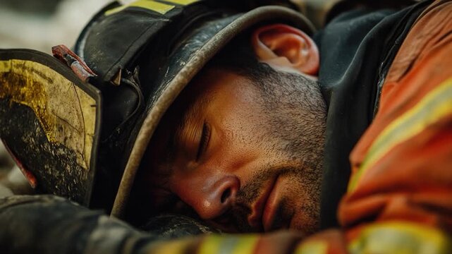 A fireman taking a nap on a public bench, surrounded by people passing by