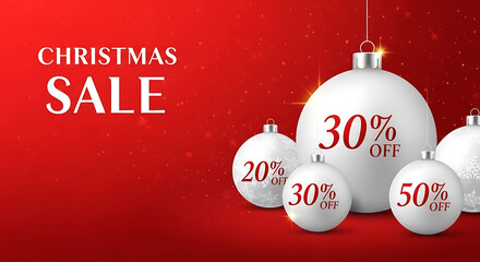 Christmas Sale with Discount Ornaments on Red Background