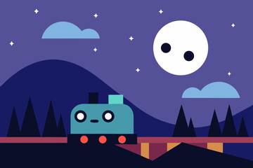 cute spooky train crossing moonlit valley clip art on transparent background