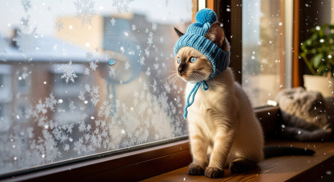 A Siamese kitten in a blue knitted hat sits by the window, behind which there are frosty patterns and the first snow