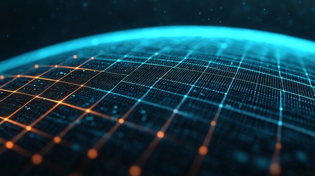 Conceptual global render of photon entanglement encryption network visualized as glowing Earth grid.