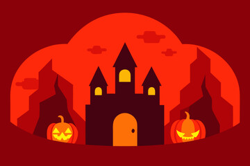 Haunted pumpkin village inside red cave on transparent background