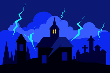 Fototapeta premium Haunted village under blue lightning storm on transparent background