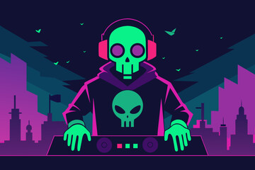 Neon skeleton DJ party in haunted city on transparent background