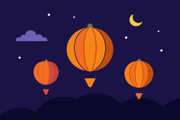 Pumpkin hot air balloons flying across neon night on transparent background