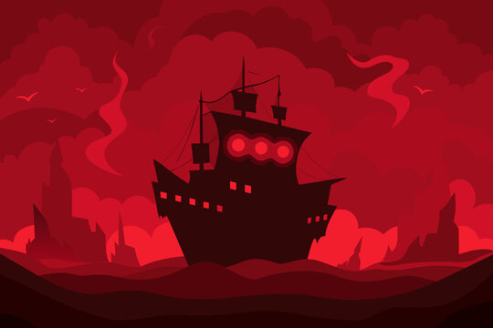 Haunted ship floating in glowing red mist on transparent background