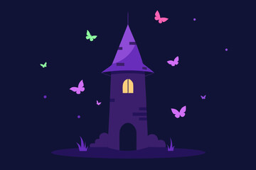 Witch tower surrounded by glowing butterflies on transparent background
